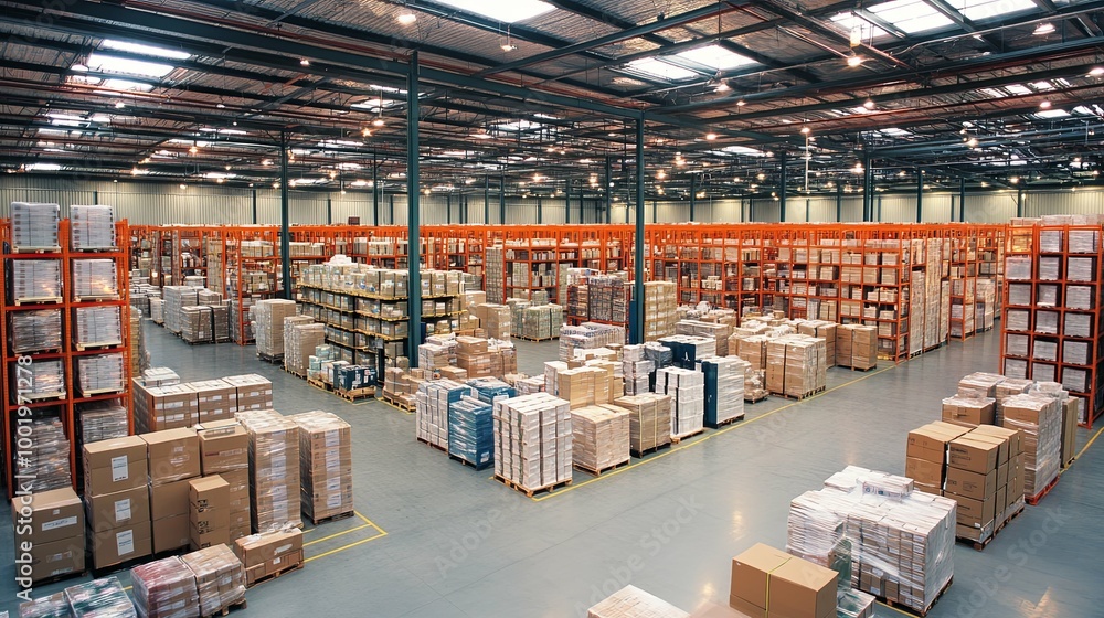A large warehouse filled with boxes and shelves A large warehouse filled with boxes and shelves