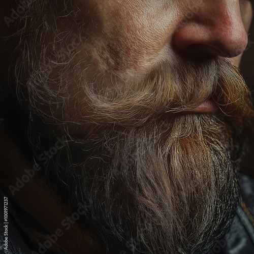 Close-up side profile of a rugged man with a thick beard, showcasing the detailed texture of his facial hair and skin, offering a focused and intense view of his weathered face