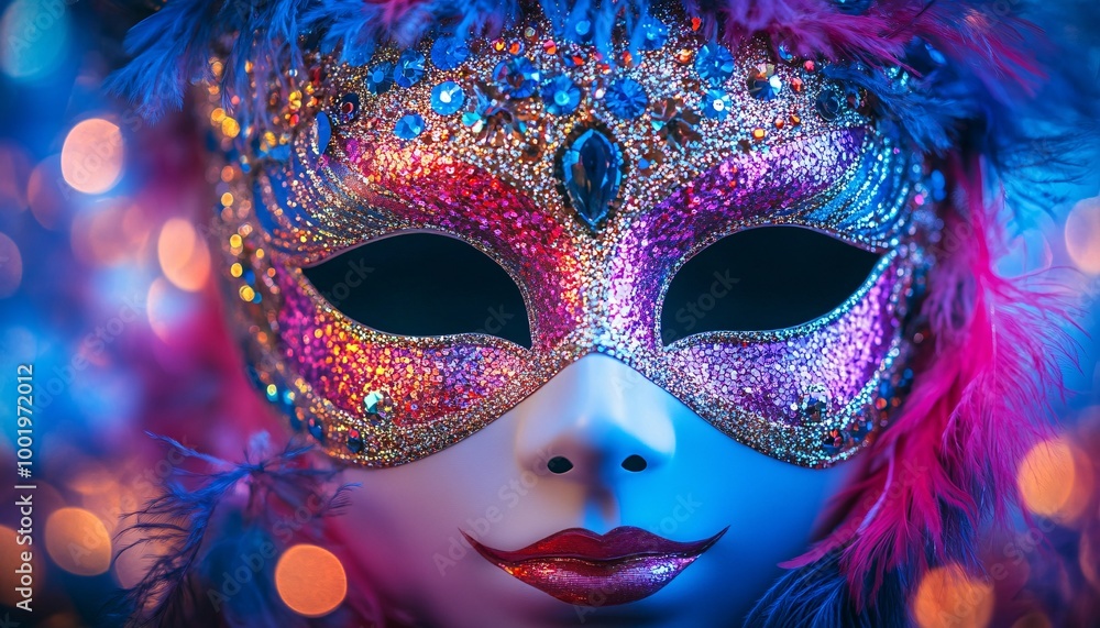 Glamorous Party Mask with Feathers and Sequins on Shimmering Background - Close-Up Photo Glamorous Party Mask with Feathers and Sequins on Shimmering Background - Close-Up Photo