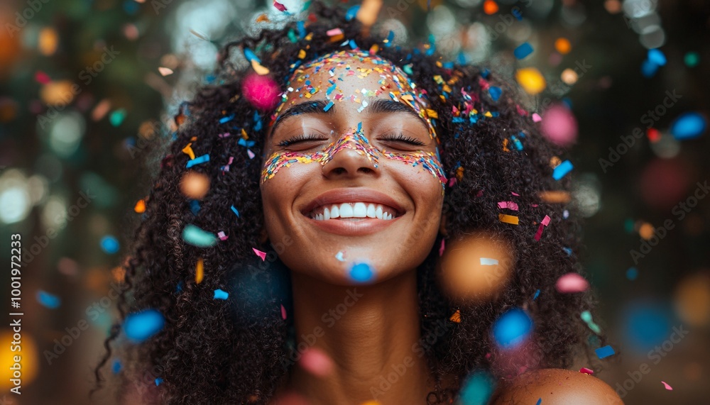 Joyful Celebration: Smiling Reveler Showered in Confetti Joyful Celebration: Smiling Reveler Showered in Confetti