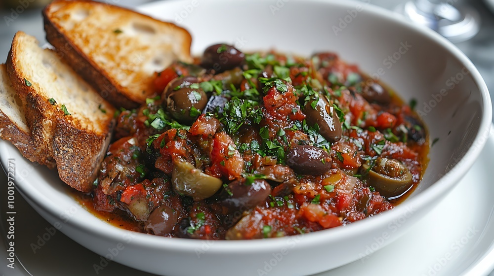 A bowl of caponata with eggplant, olives, and capers, served with toasted bread. A bowl of caponata with eggplant, olives, and capers, served with toasted bread.