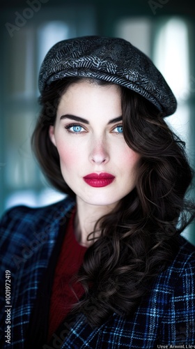 Elegant Woman in Beret with Striking Blue Eyes and Red Lips