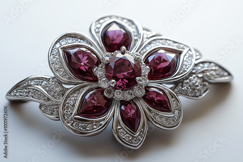 Elegant Luxury Jewelry: Ruby, Diamond, and Crystal Gemstone Brooch with Flower Design