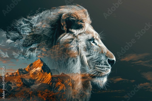 Majestic Lion and Mountain Double Exposure in Warm Tones photo