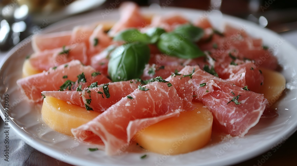 A plate of prosciutto and melon, with thinly sliced ham wrapped around cantaloupe wedges. A plate of prosciutto and melon, with thinly sliced ham wrapped around cantaloupe wedges.
