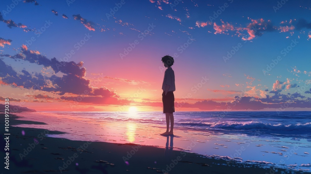 Fototapeta premium A character stands alone on the beach at dusk, reflecting as waves lap at their feet