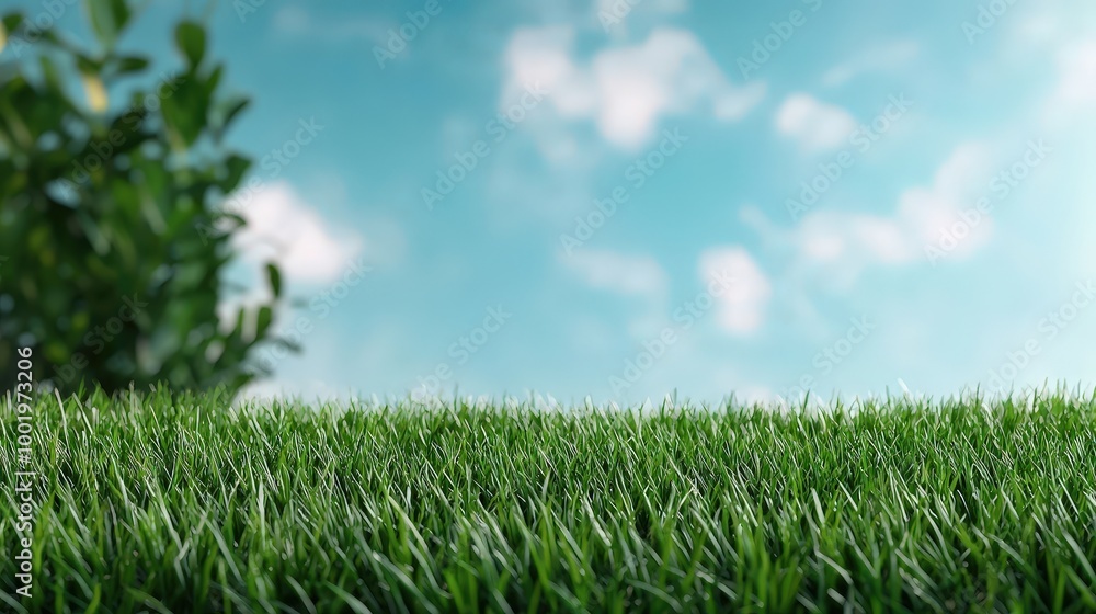 Fototapeta premium Lush Green Grass Field with Blue Sky and Clouds Nature Background