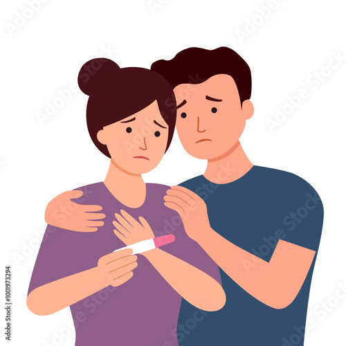 Sad couple looking at pregnancy test showing one line. Infertile couple, fertility problem in flat design on white background.