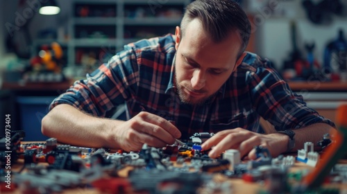 Concentrated Man Assembling Model with Technic Pieces in Workshop photo