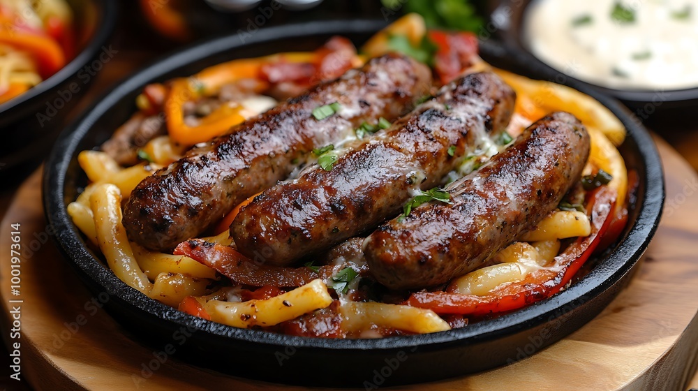 A serving of Italian sausage and peppers, served on a bed of pasta with marinara sauce. A serving of Italian sausage and peppers, served on a bed of pasta with marinara sauce.