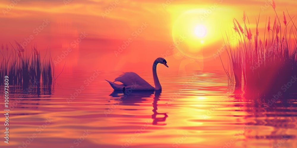Fototapeta premium Serene Sunset with a Graceful Swan