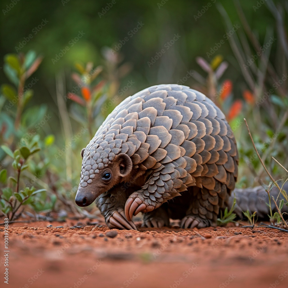 Obraz premium The pangolin is the only mammal covered in scales. It uses its long tongue to eat ants and termites.