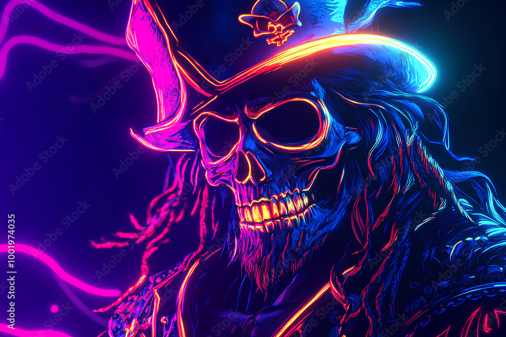 pirate character cartoon. neon dark background pirate character cartoon. neon dark background