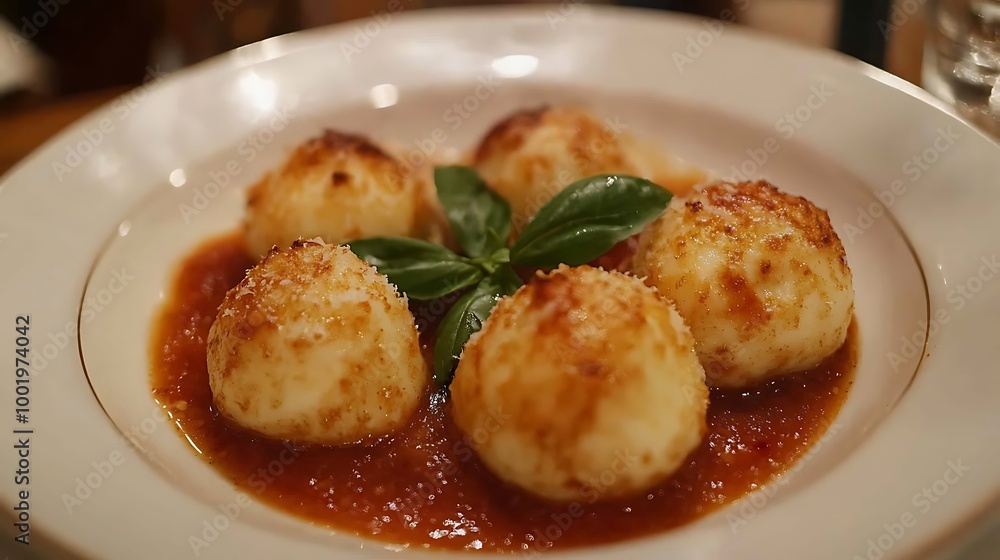 A serving of gnudi, ricotta dumplings, served with a light tomato sauce and fresh basil. A serving of gnudi, ricotta dumplings, served with a light tomato sauce and fresh basil.