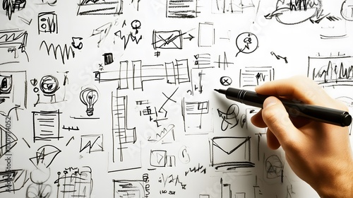 The Genesis of an Idea: A hand sketching out a myriad of design elements and ideas on a whiteboard, symbolizing the process of creativity and innovation.
