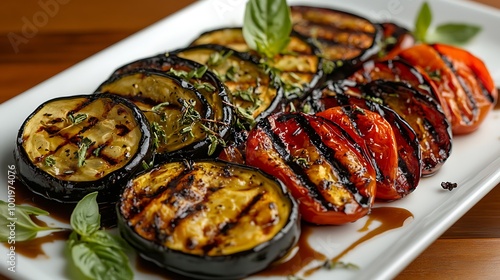 A serving of grilled zucchini and eggplant, drizzled with olive oil and balsamic glaze. photo