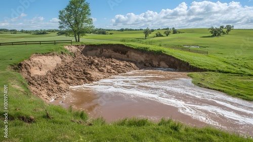 Erosion's Grip: A dramatic landscape photo showcasing the destructive power of erosion, with a gaping ravine and a muddy stream winding through a verdant field. This image evokes a sense of awe.