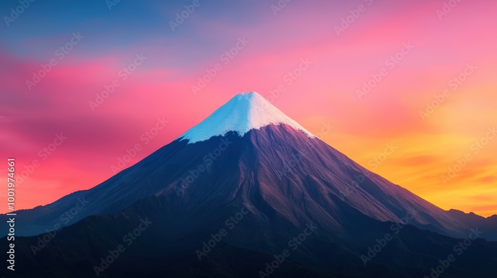 Majestic Snow Capped Mountain Peak at Sunset with Pink and Orange Sky Majestic Snow Capped Mountain Peak at Sunset with Pink and Orange Sky