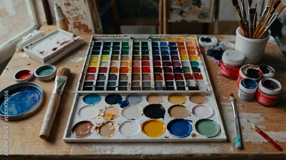 A vibrant watercolor palette and brushes arranged on a rustic table in an artist's studio, showcasing various paint colors and tools A vibrant watercolor palette and brushes arranged on a rustic table in an artist's studio, showcasing various paint colors and tools