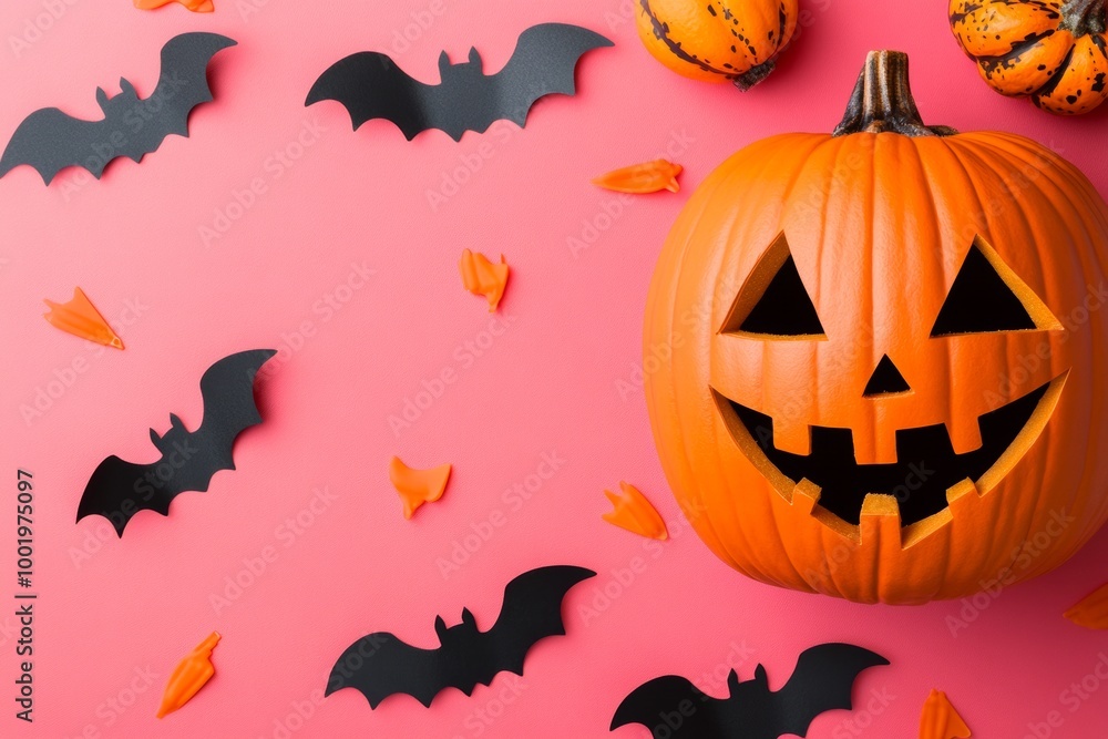 Colorful Spooky Halloween Jack-o-Lantern with Bats on Orange Background - Festive Holiday Decor Colorful Spooky Halloween Jack-o-Lantern with Bats on Orange Background - Festive Holiday Decor