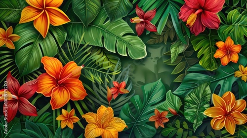 Exotic Tropical Floral Paradise with Lush Greenery