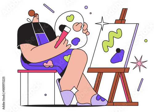 Woman draws a picture on an easel
