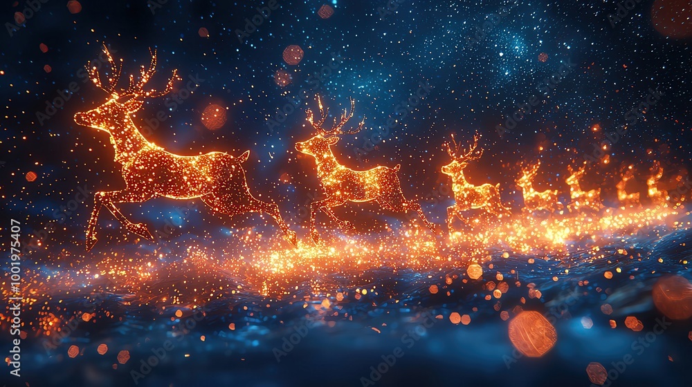 whimsical xmas background bokeh light with copy space Glowing reindeer in a starry night scene whimsical xmas background bokeh light with copy space Glowing reindeer in a starry night scene