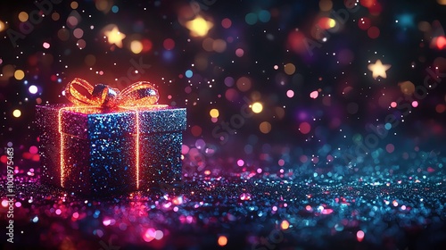 whimsical xmas background bokeh light with copy space Colorful gift box on sparkling background