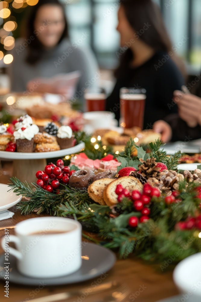Employees gathered around a table filled with holiday treats and beverages, sharing stories and enjoying the festivities, Generative AI Employees gathered around a table filled with holiday treats and beverages, sharing stories and enjoying the festivities, Generative AI
