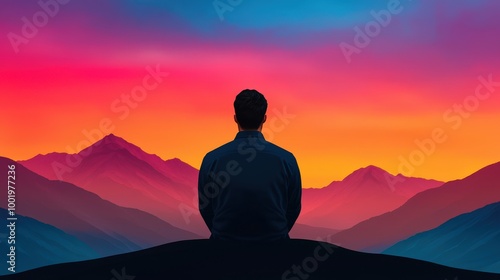 Man Silhouetted Against Vibrant Sunset Mountain Landscape