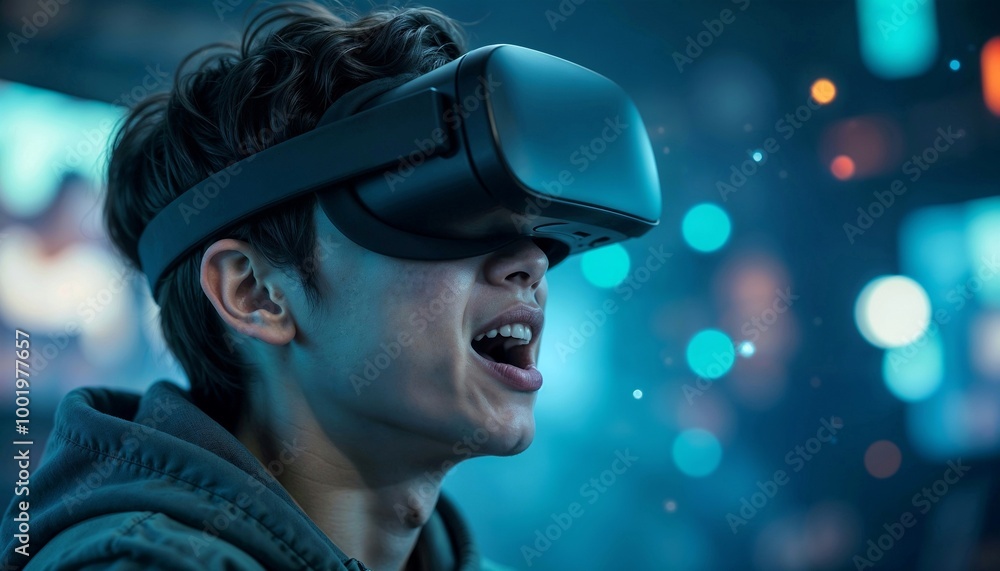 A close-up of a young person wearing a VR headset, reacting in awe or excitement while immersed in a futuristic digital environment with neon lights. A close-up of a young person wearing a VR headset, reacting in awe or excitement while immersed in a futuristic digital environment with neon lights.