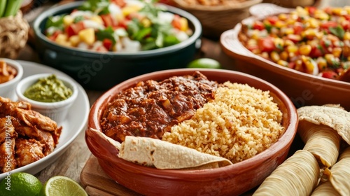 Traditional Mexican dishes, such as mole and tamales, at a Day of the Dead gathering to honor their ancestors