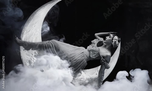 Woman in a Dress Reclining on a Crescent Moon