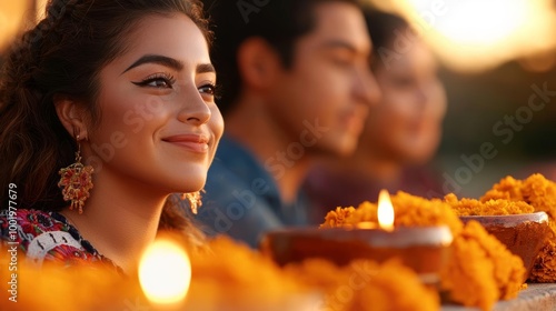 Festive celebration with a smiling woman and decorative candles.