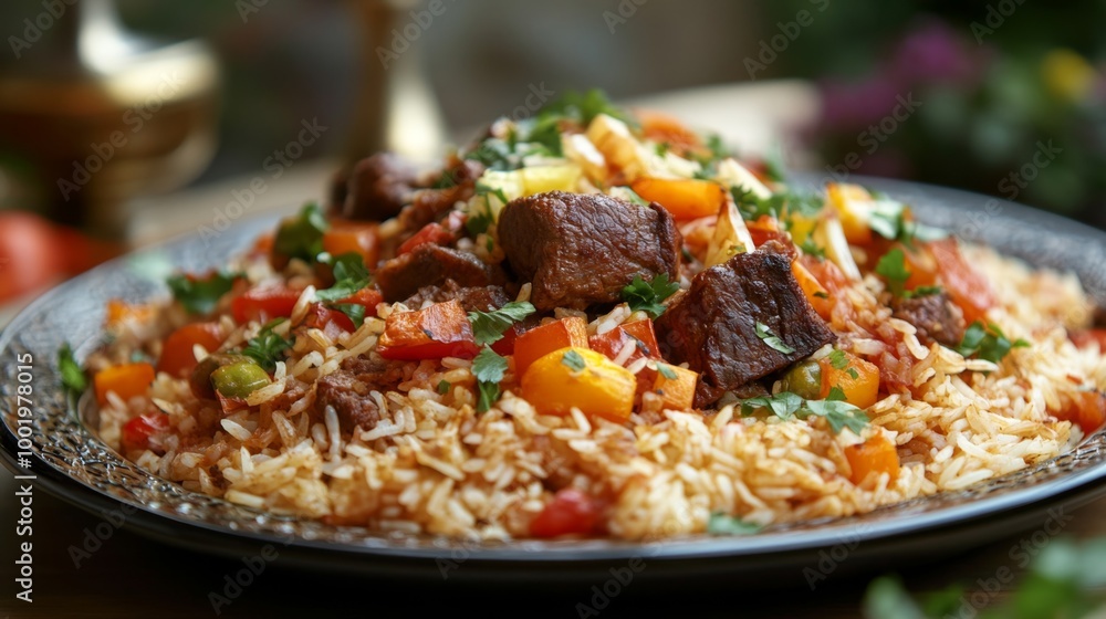 plate of maqluba rice and meat served plate of maqluba rice and meat served