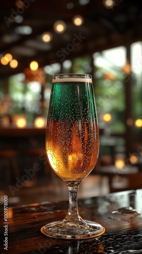 Sparkling cocktail served in a tall glass with green and amber layers at a cozy bar during evening hours