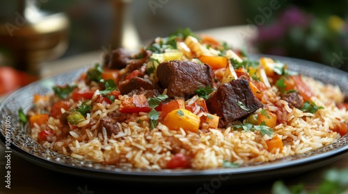 plate of maqluba rice and meat served photo