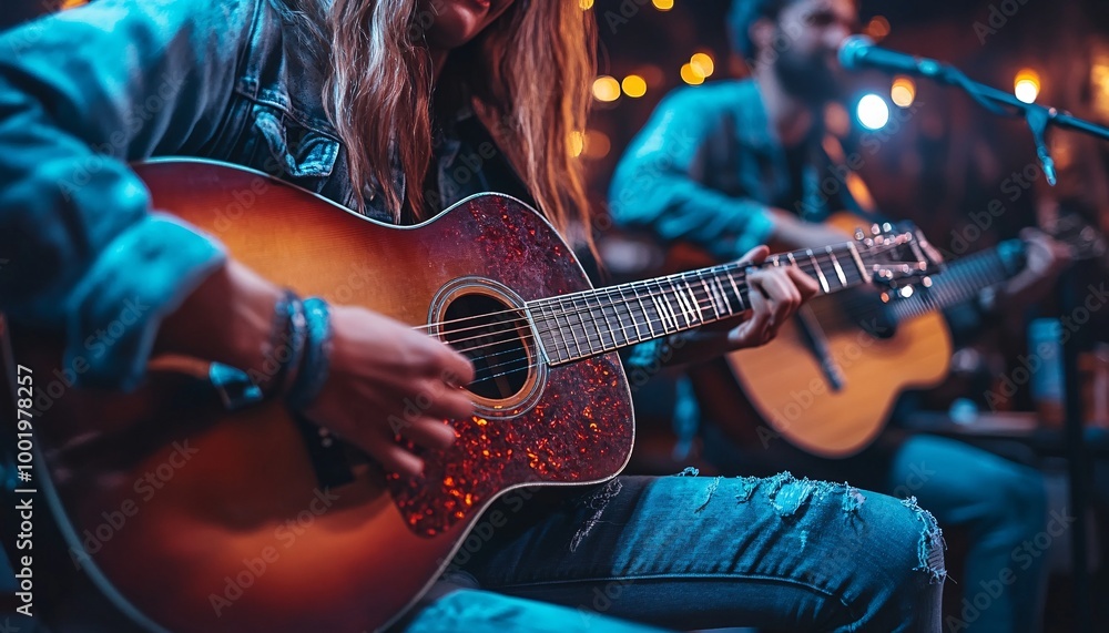 Fototapeta premium Melodic Synergy: Musicians Jamming in Dimly Lit Room