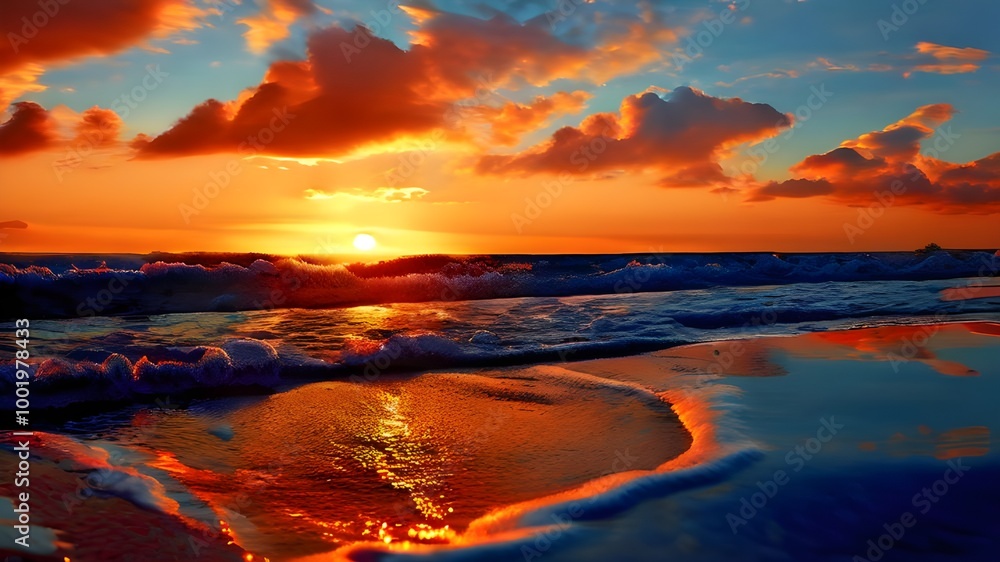 Scenic Beach Sunset with Vibrant Orange and Pink Sky Reflected on the Water and Sand in a Peaceful Coastal Landscape Scenic Beach Sunset with Vibrant Orange and Pink Sky Reflected on the Water and Sand in a Peaceful Coastal Landscape