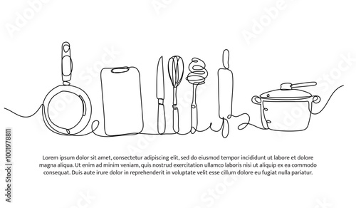 Continuous line design of cooking equipment. Single line decorative element drawn on white.