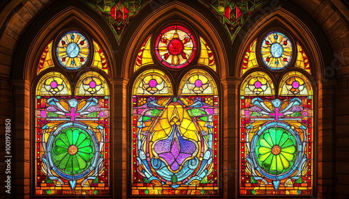 A vibrant stained glass design with intricate patterns and rich colors, resembling classic church or cathedral windows