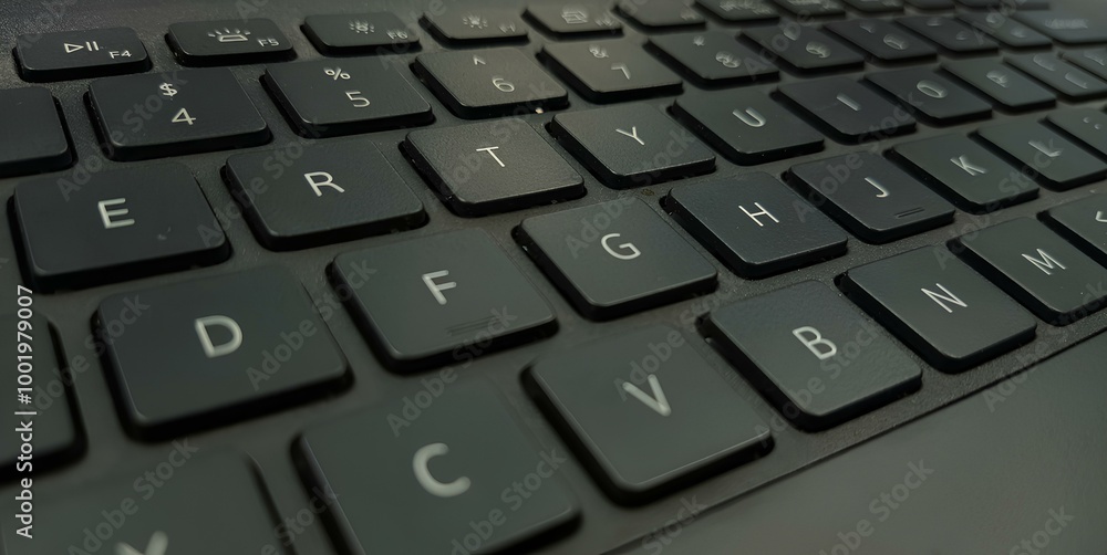 Close-up of modern laptop keyboard. Wide shot, shallow DOF Close-up of modern laptop keyboard. Wide shot, shallow DOF