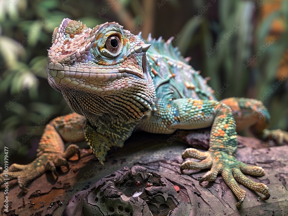 Fototapeta premium Close-Up of a Vibrant Green Lizard with Striking Scales