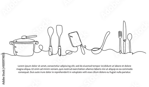 Continuous line design of cooking equipment. Single line decorative element drawn on white.