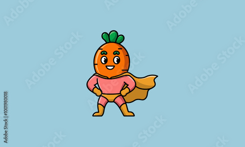 Cheerful superhero carrot character.