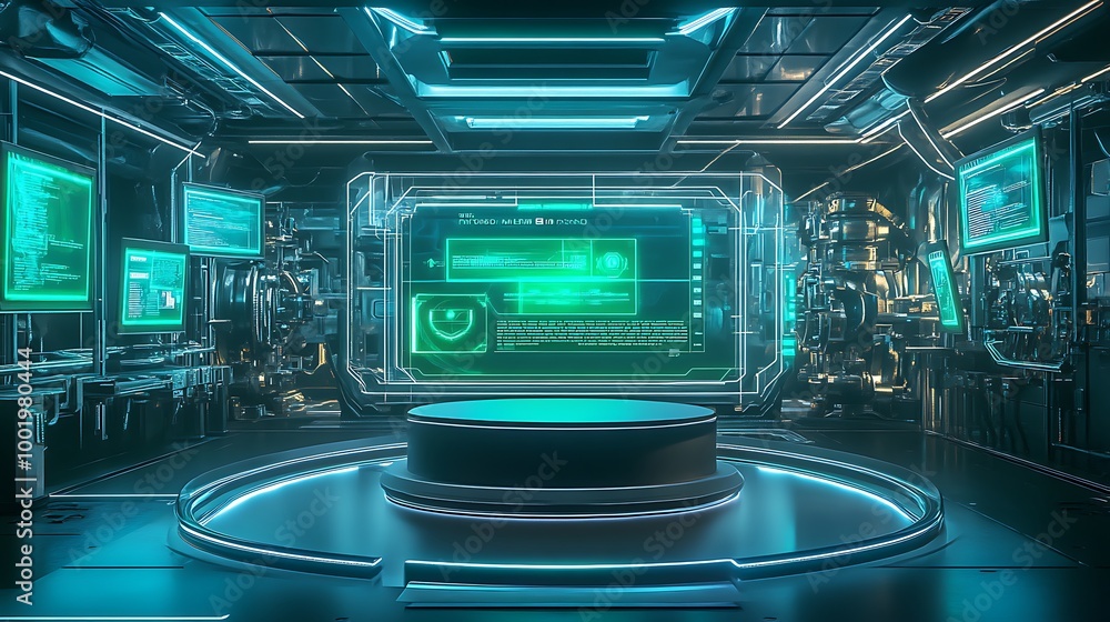Futuristic tech interior with a circular platform in the center and screens displaying digital data. Futuristic tech interior with a circular platform in the center and screens displaying digital data.