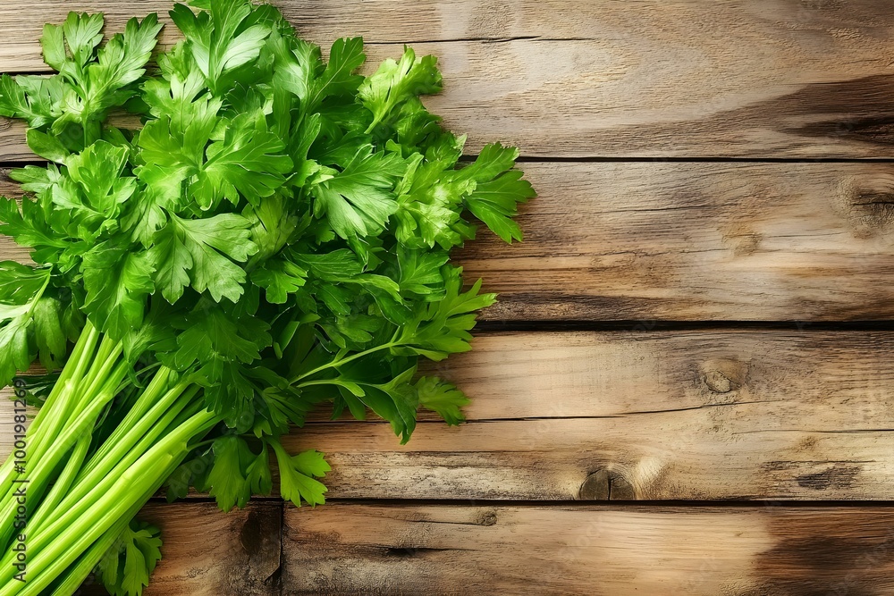 Celery leaves on a wooden background Top view Copy space Celery leaves on a wooden background Top view Copy space