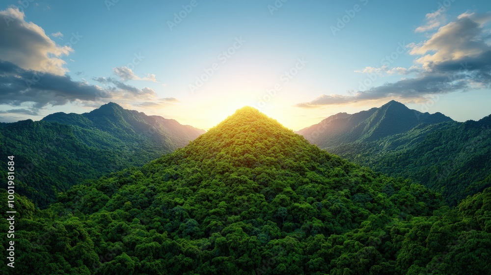 Lush Green Mountain Range at Sunset with Golden Light Lush Green Mountain Range at Sunset with Golden Light