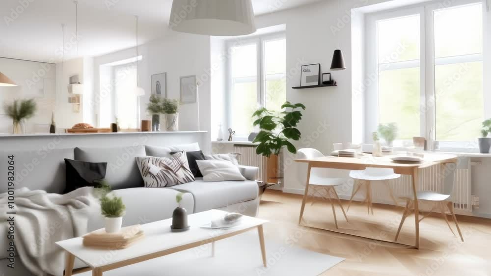 This bright open plan apartment is showcasing a modern design with a kitchen island separating the cooking area from the living room. The large windows are letting in a lot of natural light This bright open plan apartment is showcasing a modern design with a kitchen island separating the cooking area from the living room. The large windows are letting in a lot of natural light