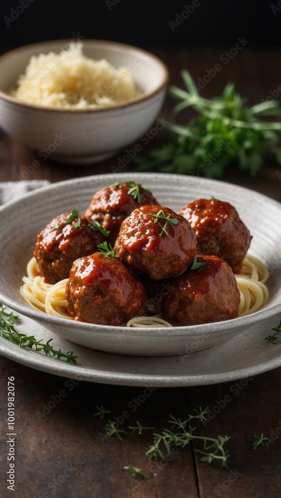 Meatballs in Sauce with Spaghetti and Herb Garnish on a Plate Meatballs in Sauce with Spaghetti and Herb Garnish on a Plate
